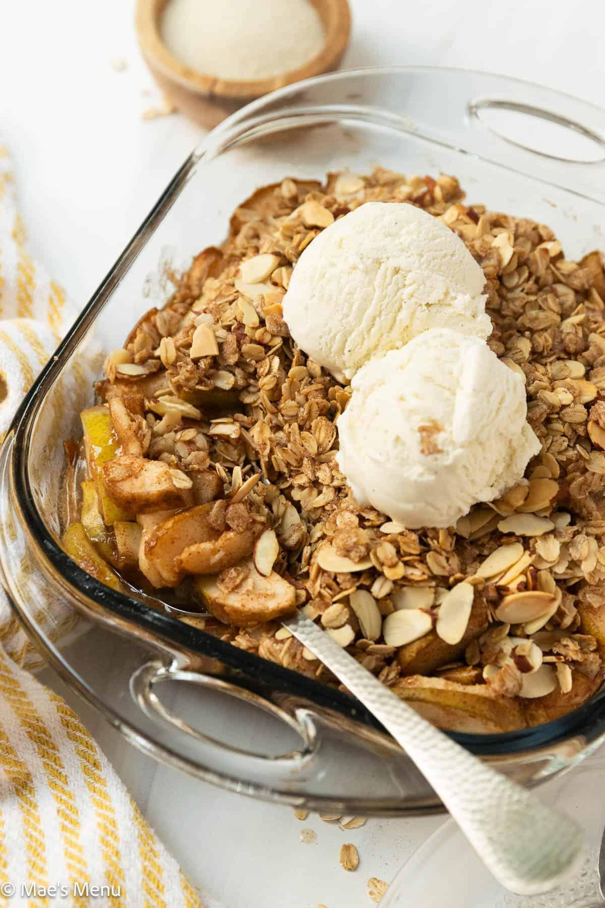 Late harvest pear crisp with almond brittle, golden and bubbling