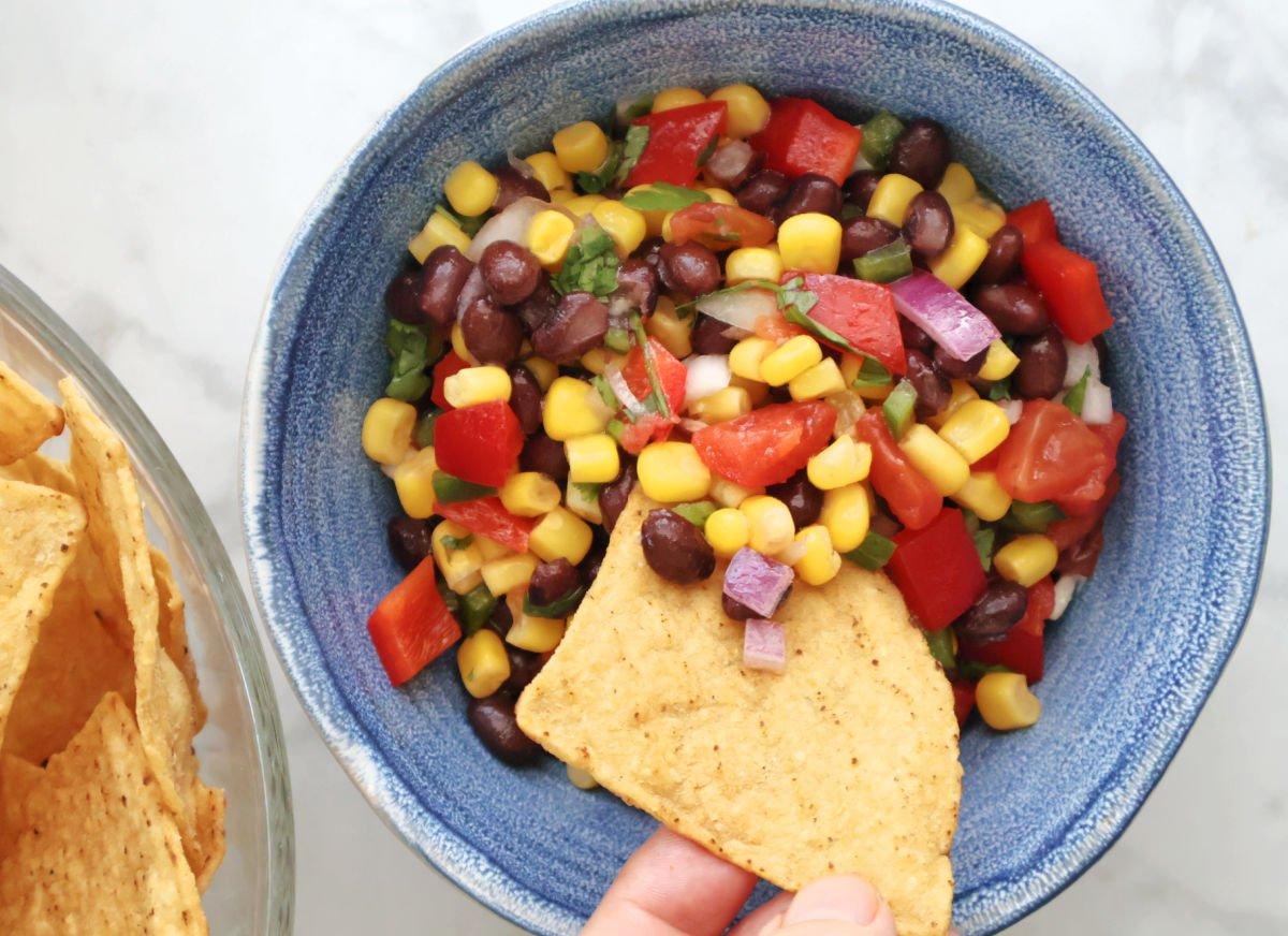 close up of black bean corn salsa in a colorful bowl