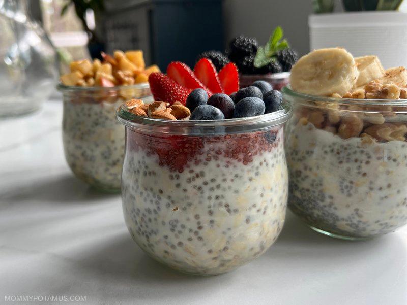 A person preparing overnight oats in a cozy kitchen setting.