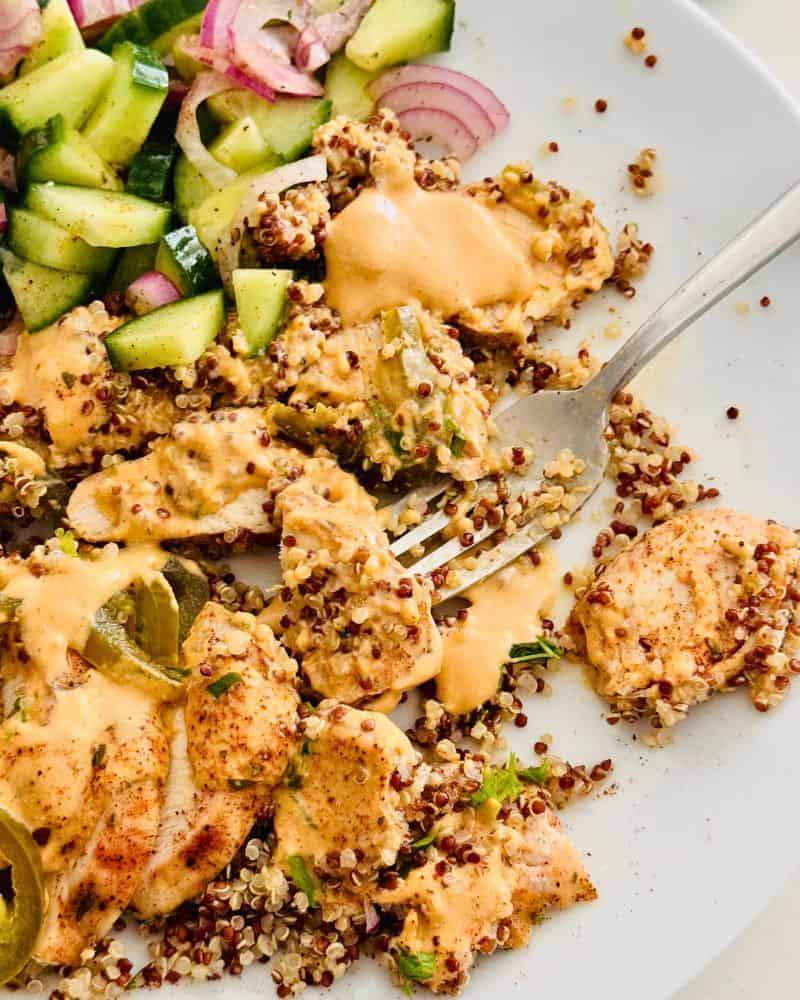 Chicken Quinoa and Avocado Toast plated and ready to eat