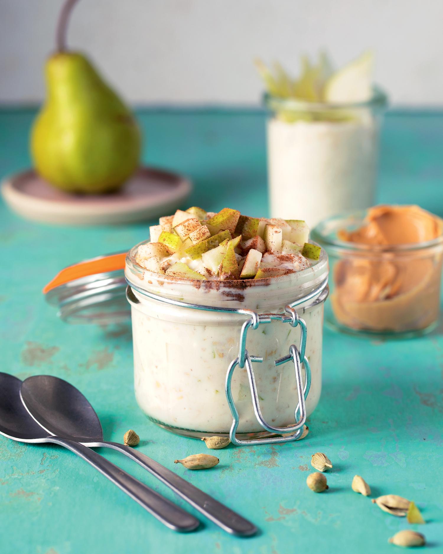 close-up shot of cardamom pear overnight oats with visible pear chunks and cardamom powder
