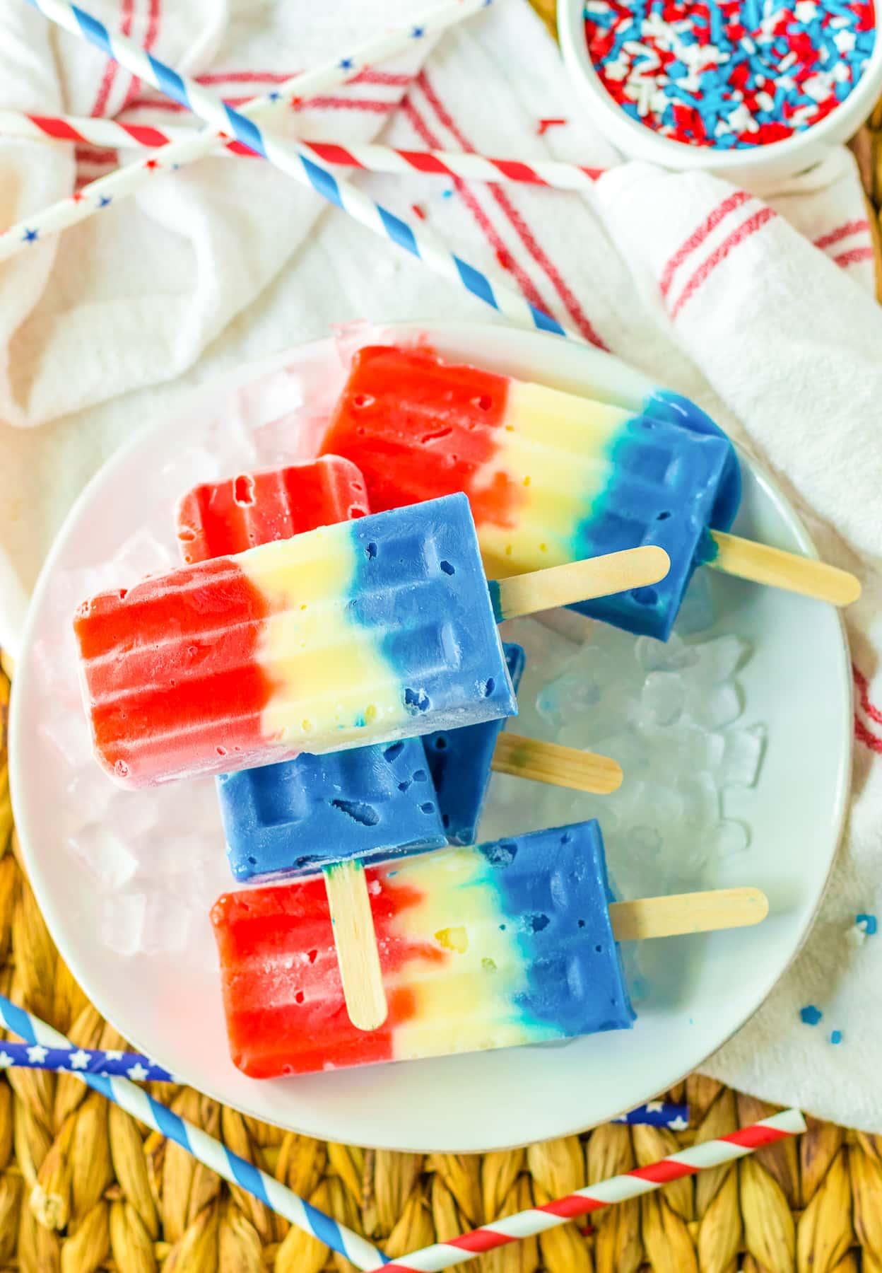 close up of a tray with red white and blue popsicles