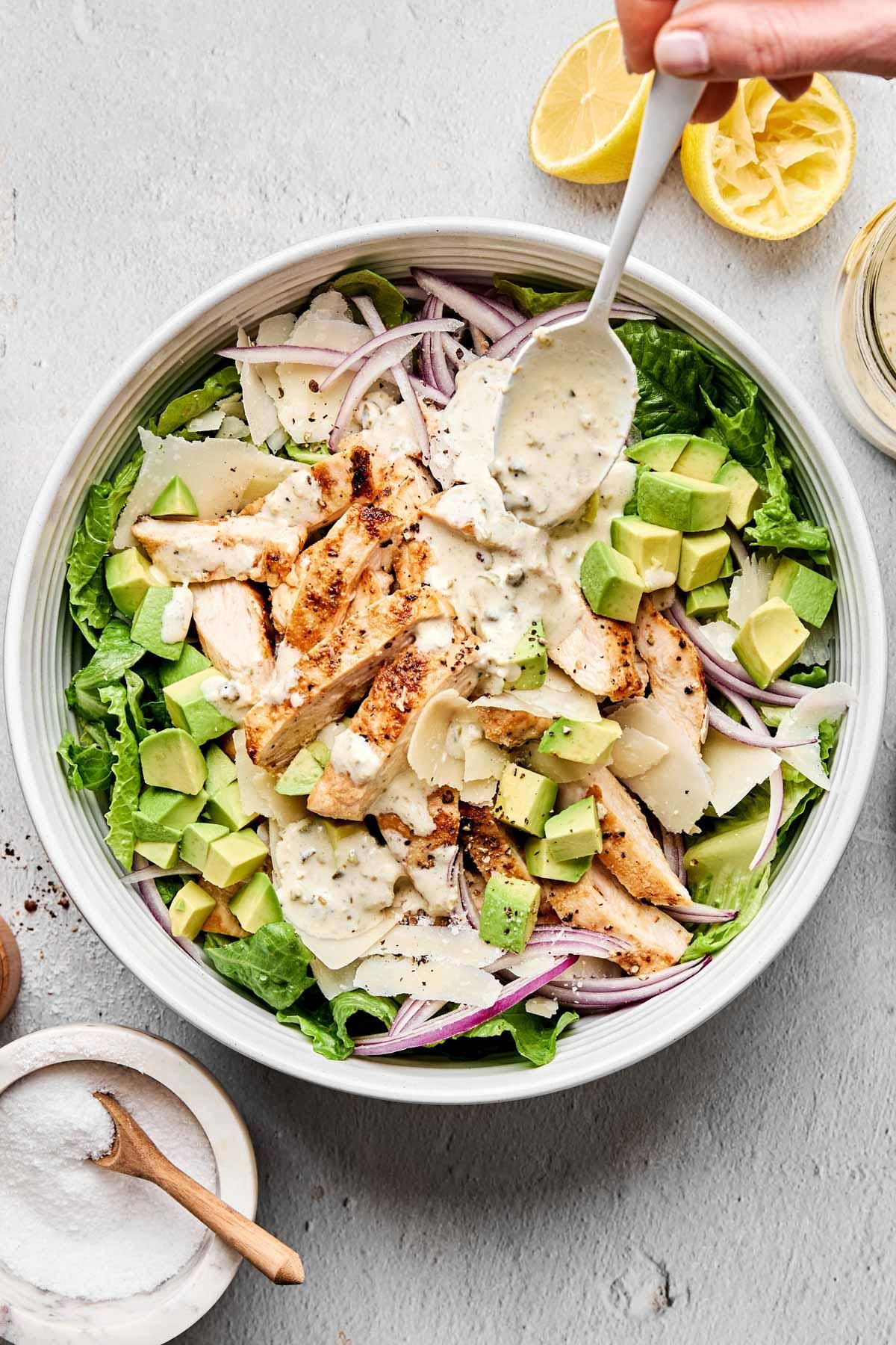 overhead shot of a colorful chicken parmesan salad in a bowl