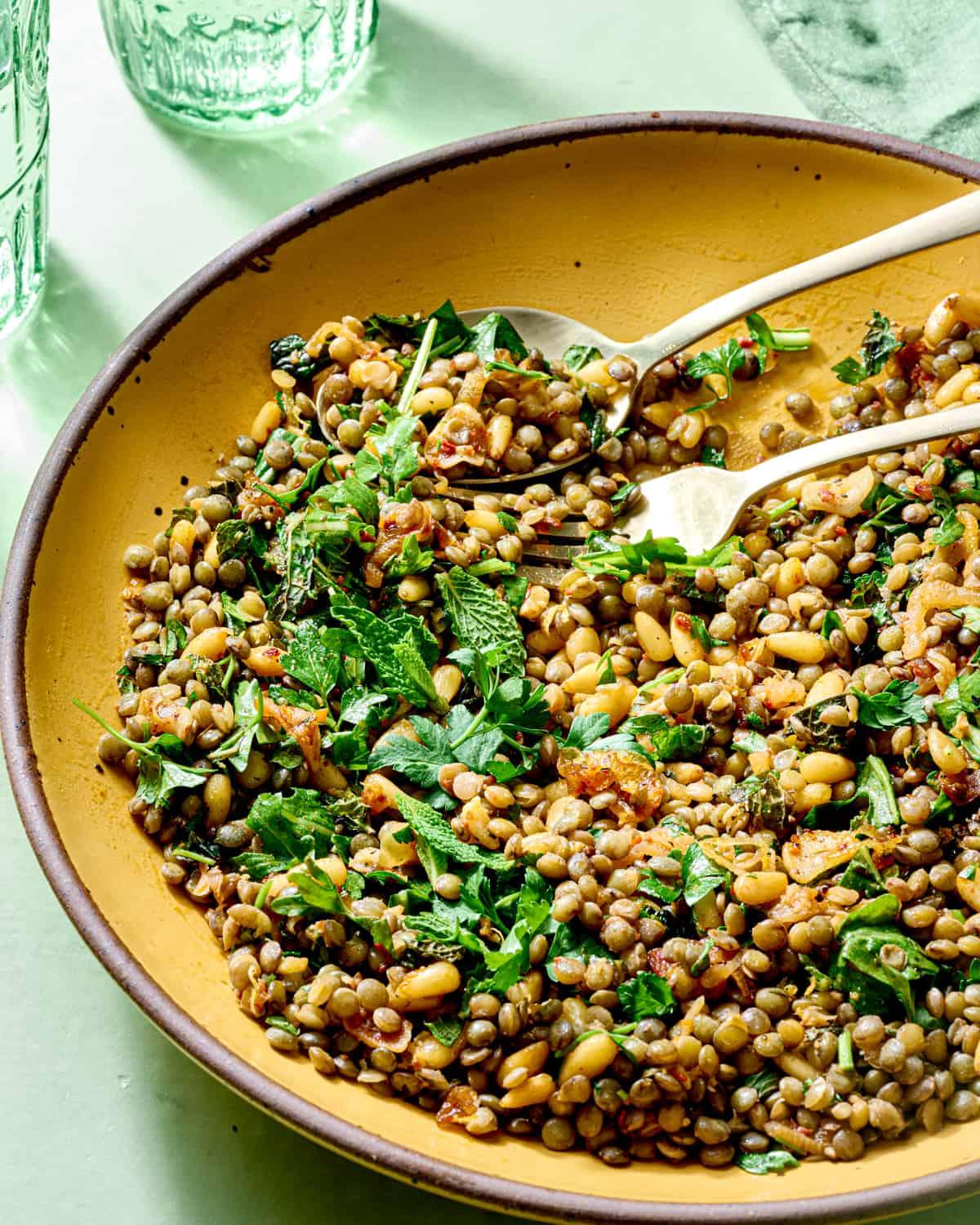 A close-up shot of mixed lentils in a bowl