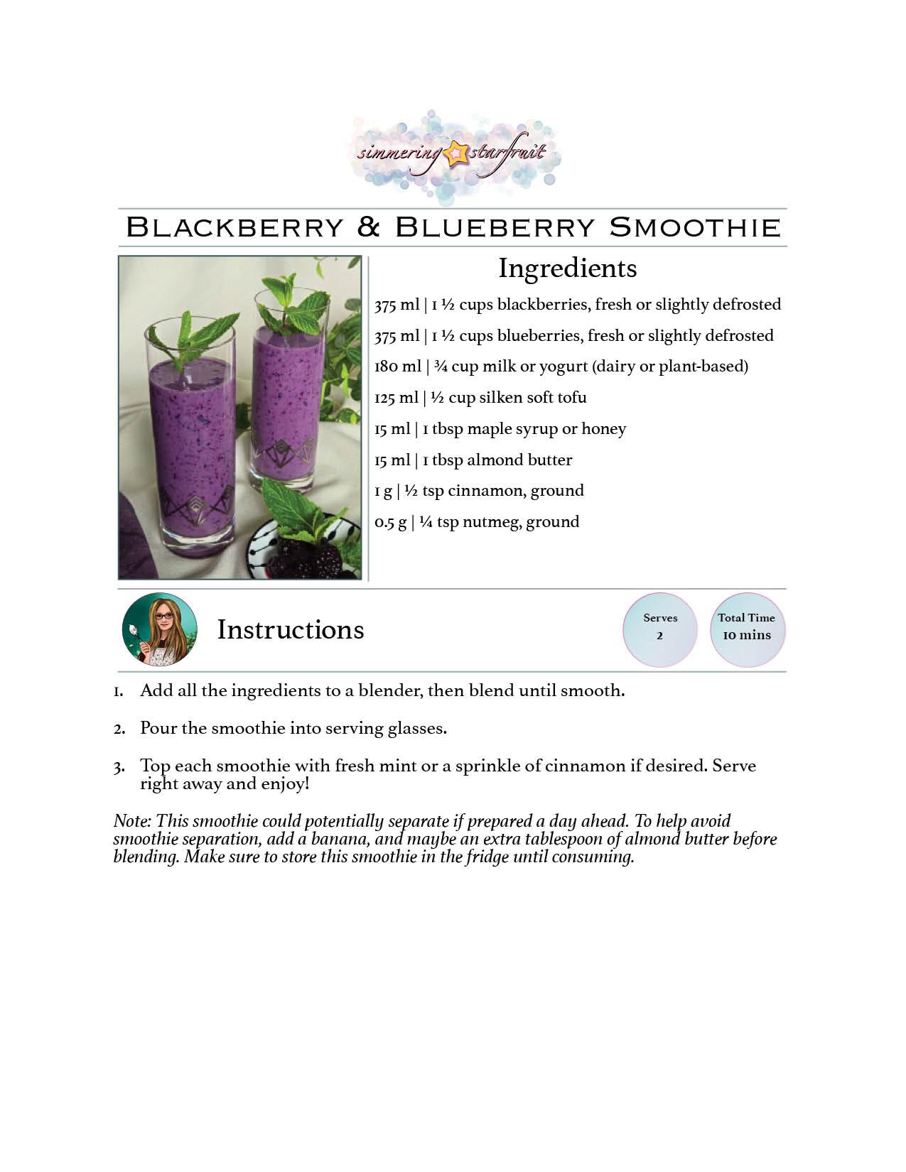 ingredients for blackberry swirl smoothie on a counter