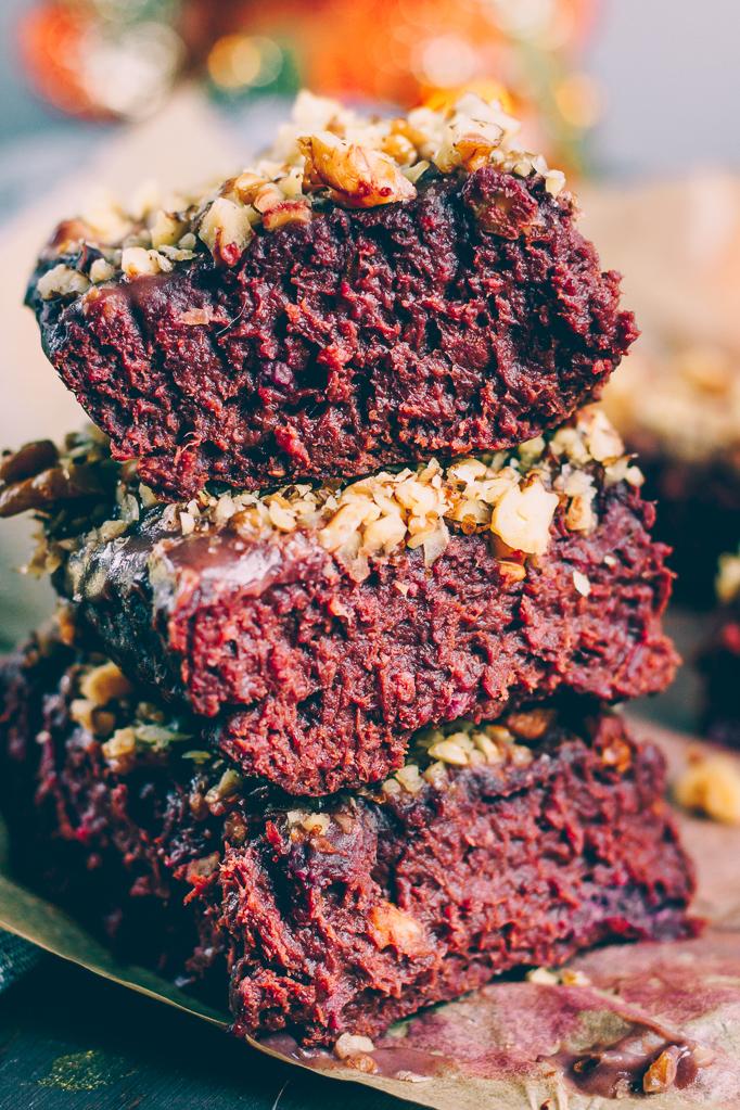 close up of vegan brownies with purple sweet potato, showing the texture