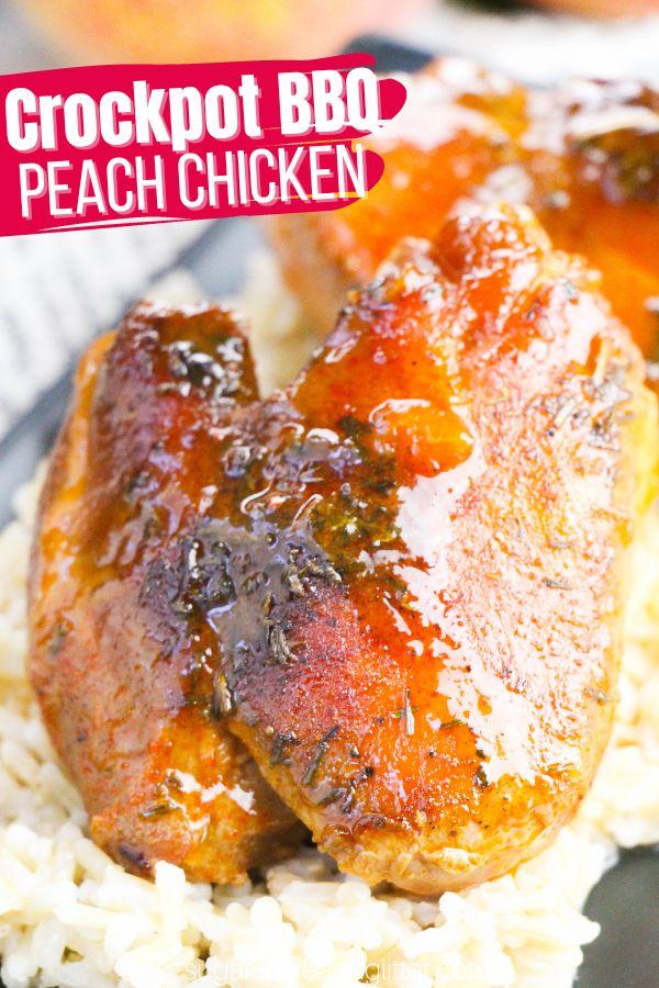 Crockpot peach bbq chicken being served at a campsite