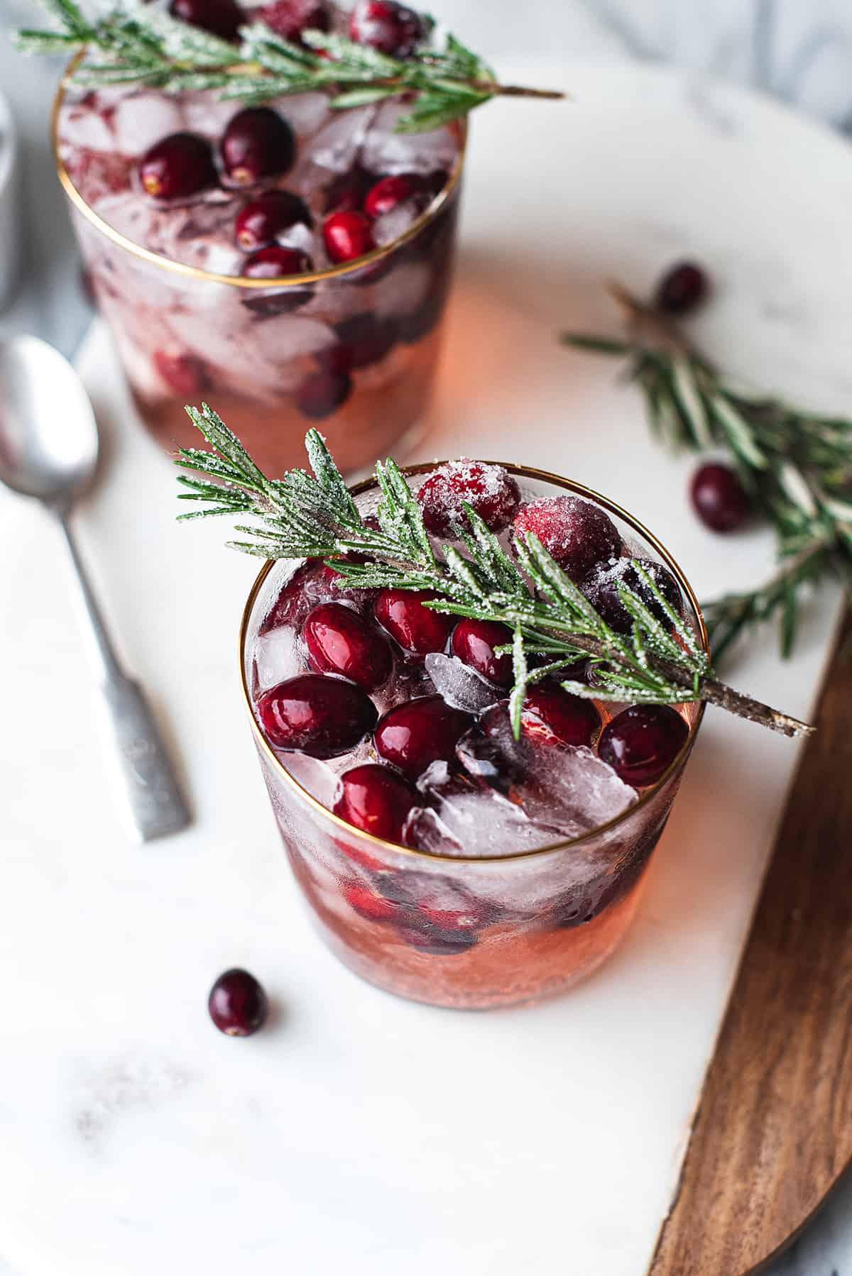 overhead shot of cranberry rosemary cold brew sparkle ingredients