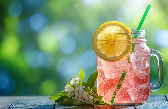 glass of vibrant pink lemonade with dulse seaweed garnish, beach background