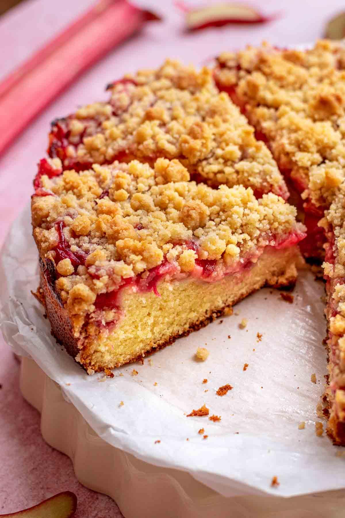 close-up shot of the crumble topping on the rhubarb cake, highlighting the texture