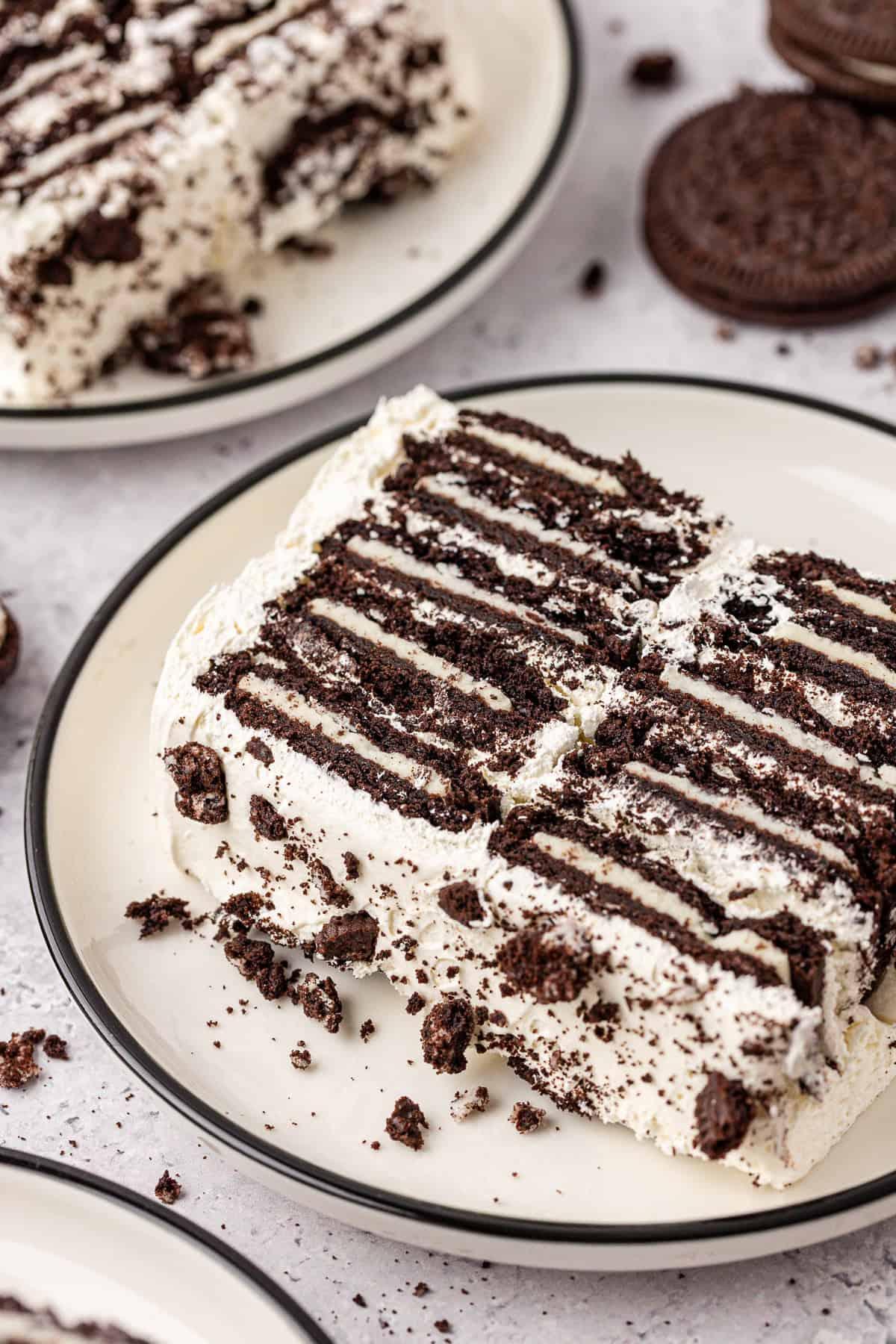 close-up of a slice of icebox cake showing the layers
