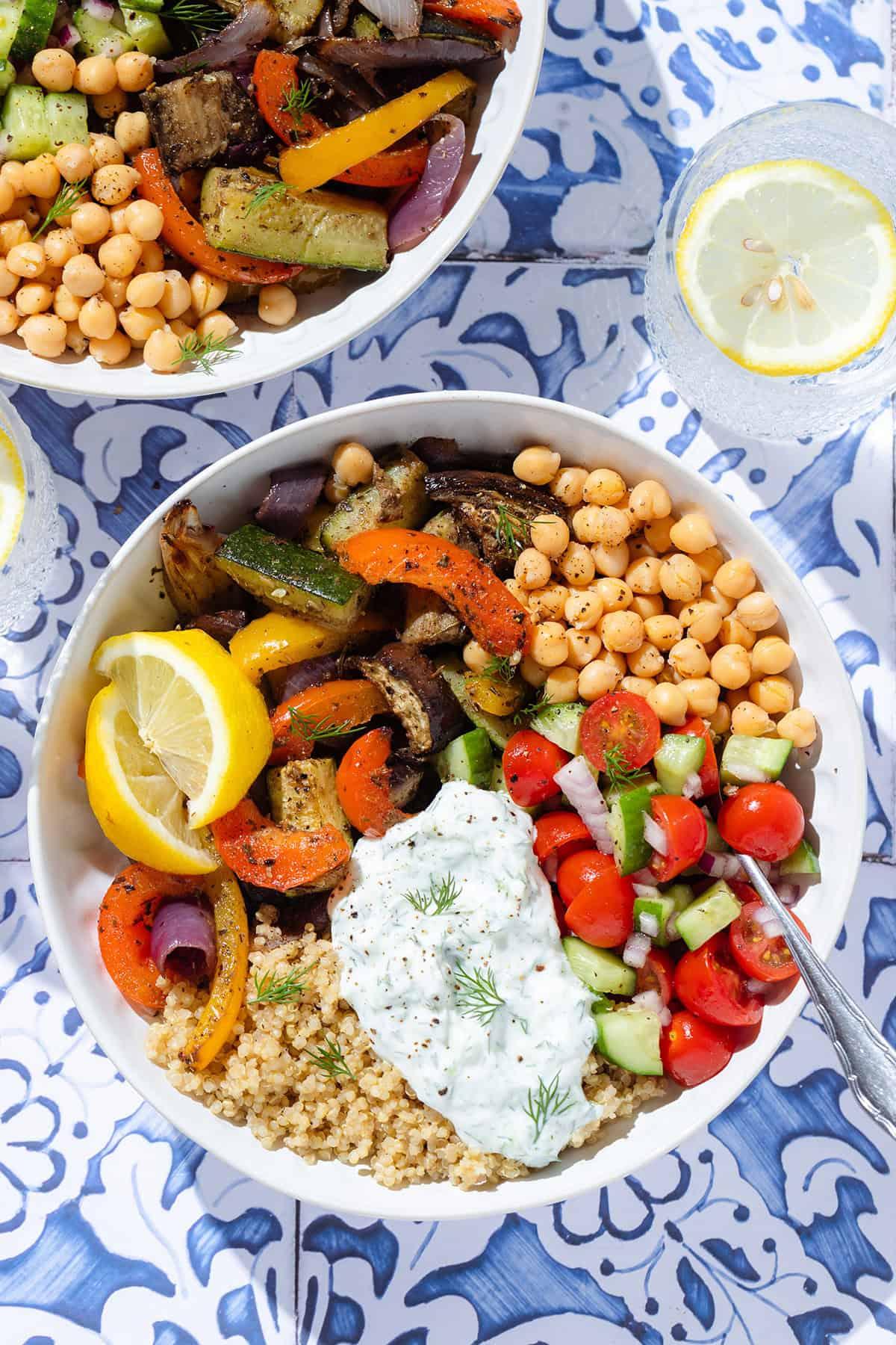 Close-up of Mediterranean quinoa and vegetable stuffing in a bowl
