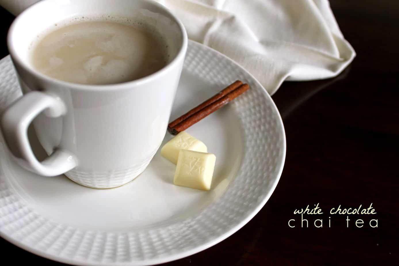 steaming mug of white chocolate chai latte