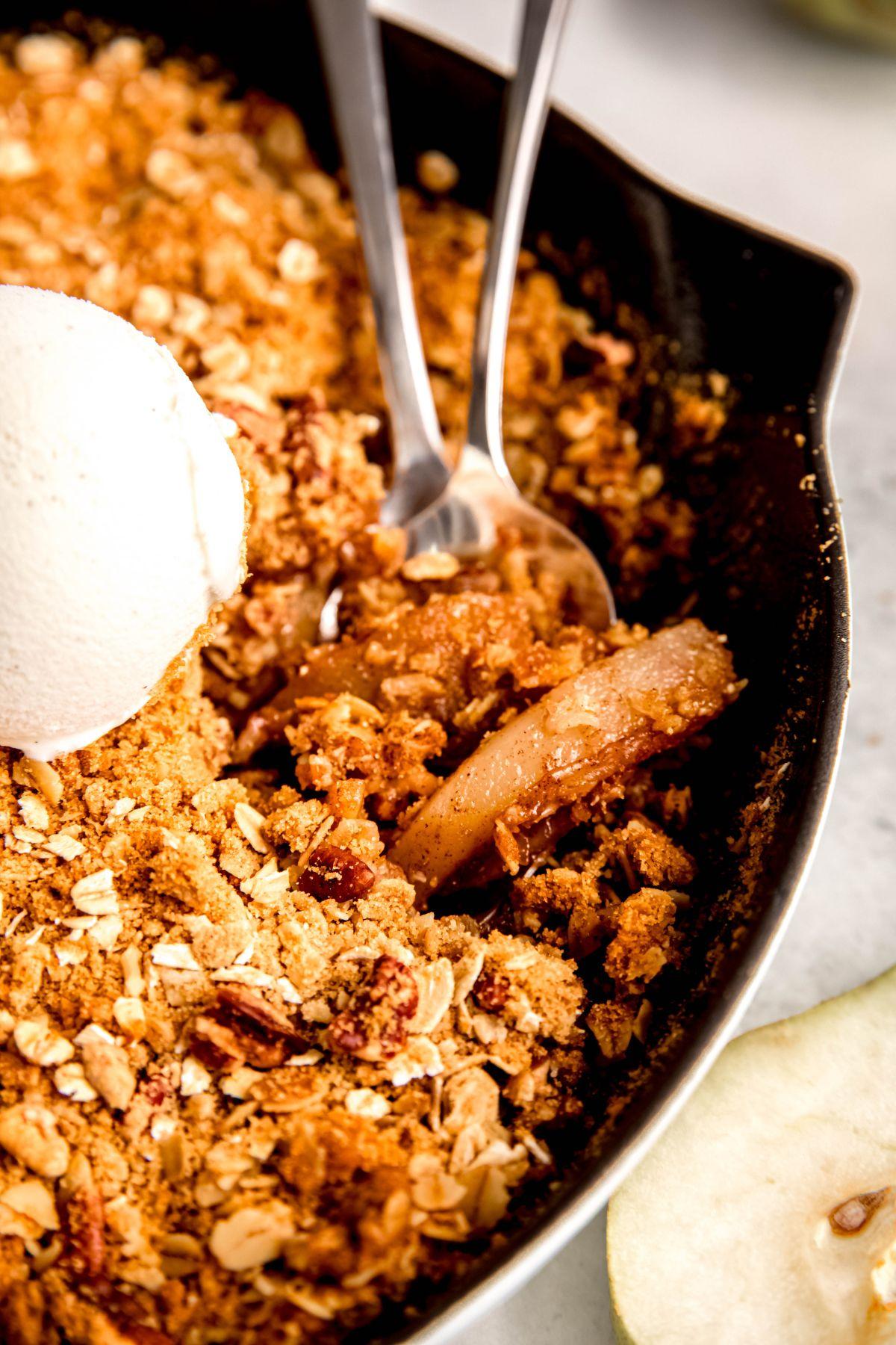 close up shot of a pear crisp being assembled