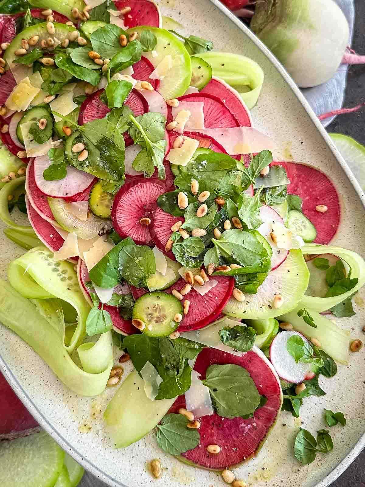 Ingredients for spicy watermelon radish rocket salad