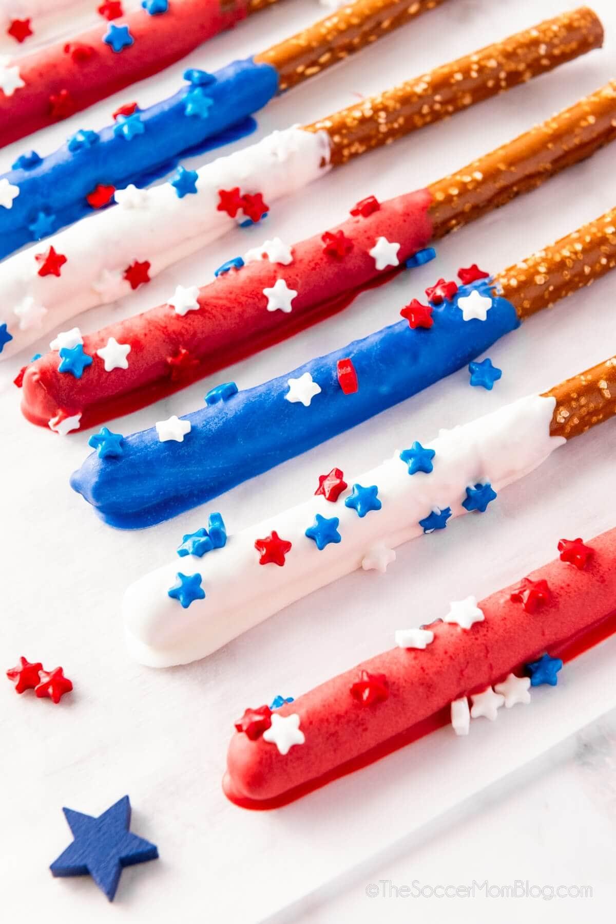 close up of finished firecracker pretzel bites with colorful sprinkles
