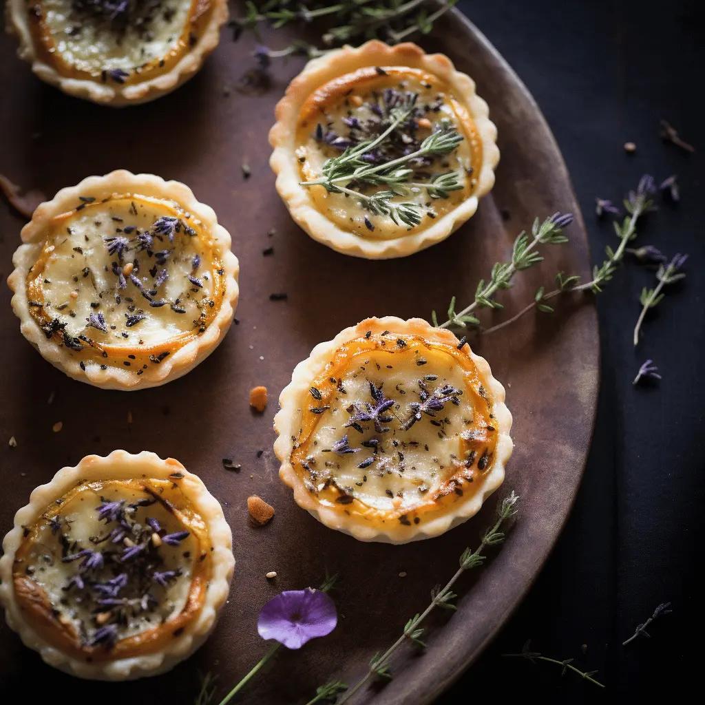 Sliced lavender blueberry goat cheese tart on a plate, garnished with fresh lavender sprigs