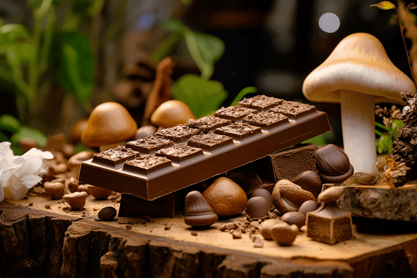 arrangement of chocolate bars, truffle oil, and assorted mushrooms on a wooden surface
