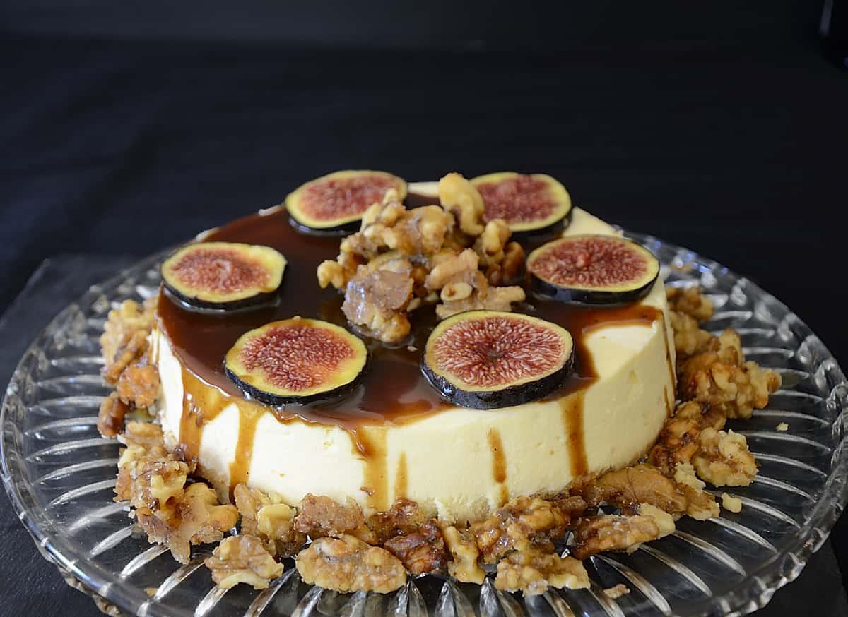 Overhead shot of a fully assembled fig balsamic cheesecake