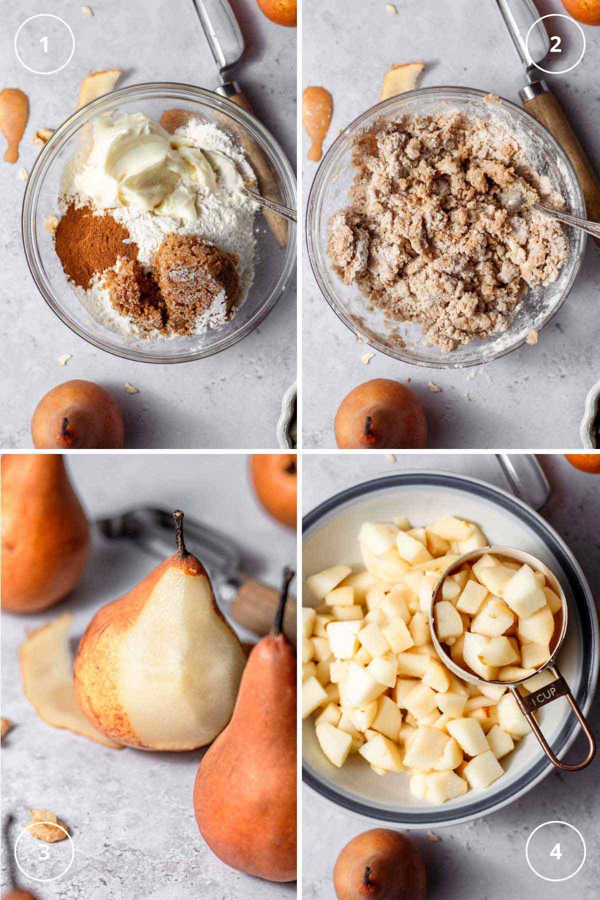 Step-by-step images showing the preparation of the pear filling and the walnut crisp topping.
