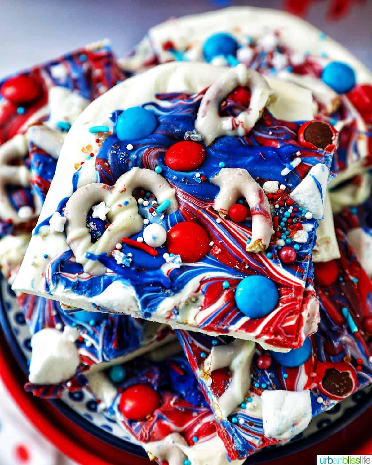 patriotic chocolate bark with red white and blue candies