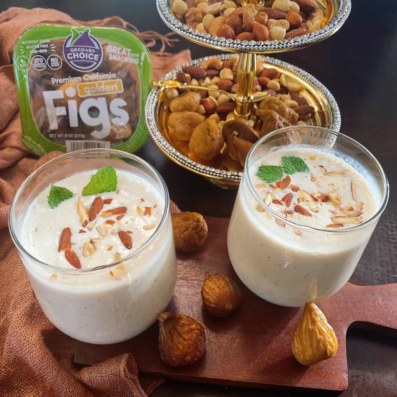 Ingredients for Fig Fantasy Lassi laid out on a wooden surface