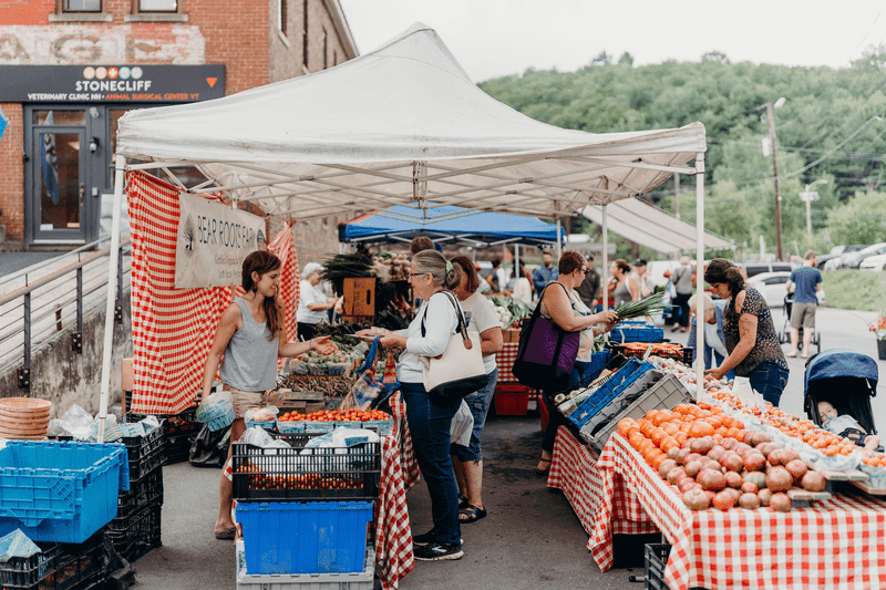 A serene view of a Vermont farmers market with fresh produce and friendly vendors
