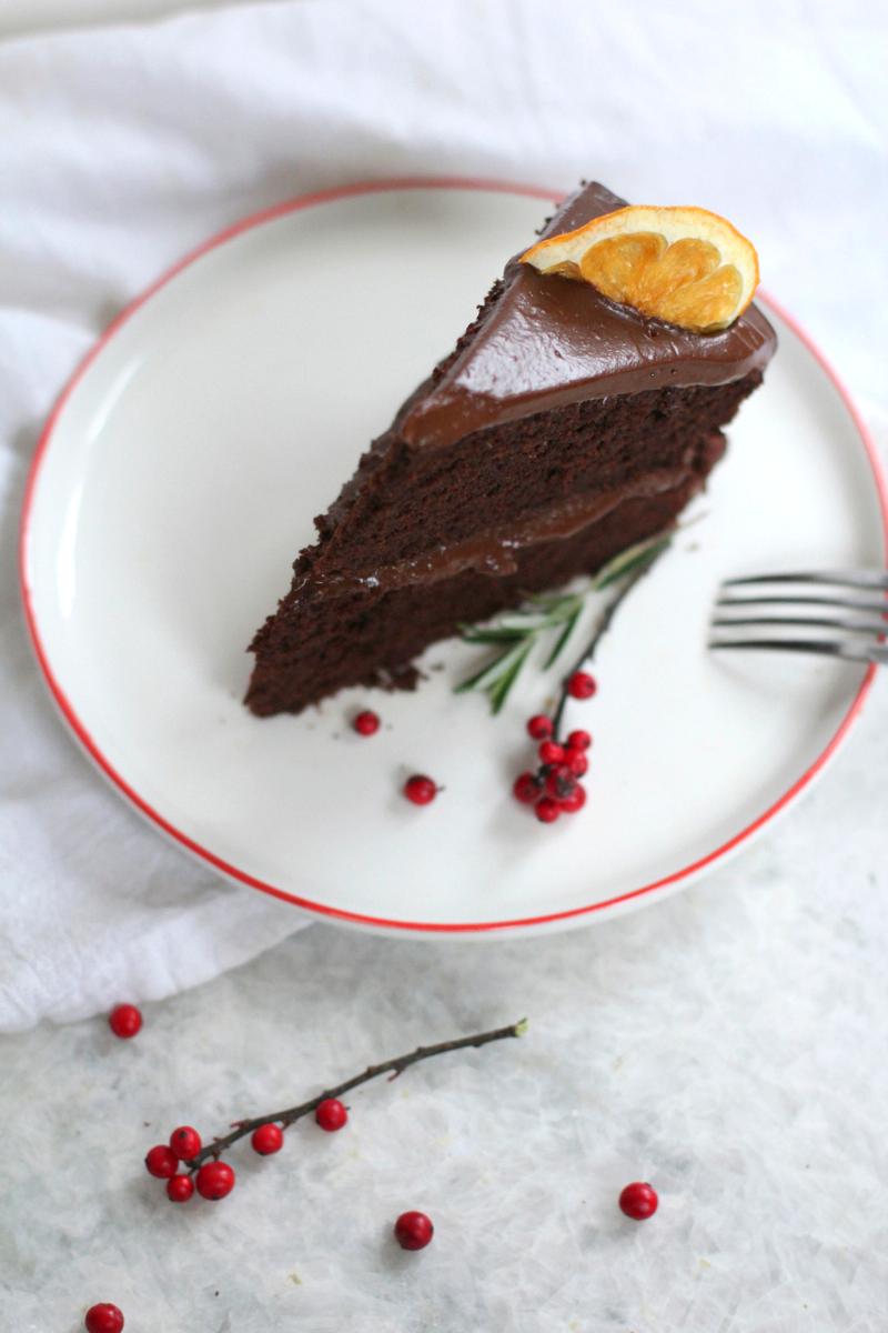 close up shot of a slice of rosemary olive oil chocolate cake