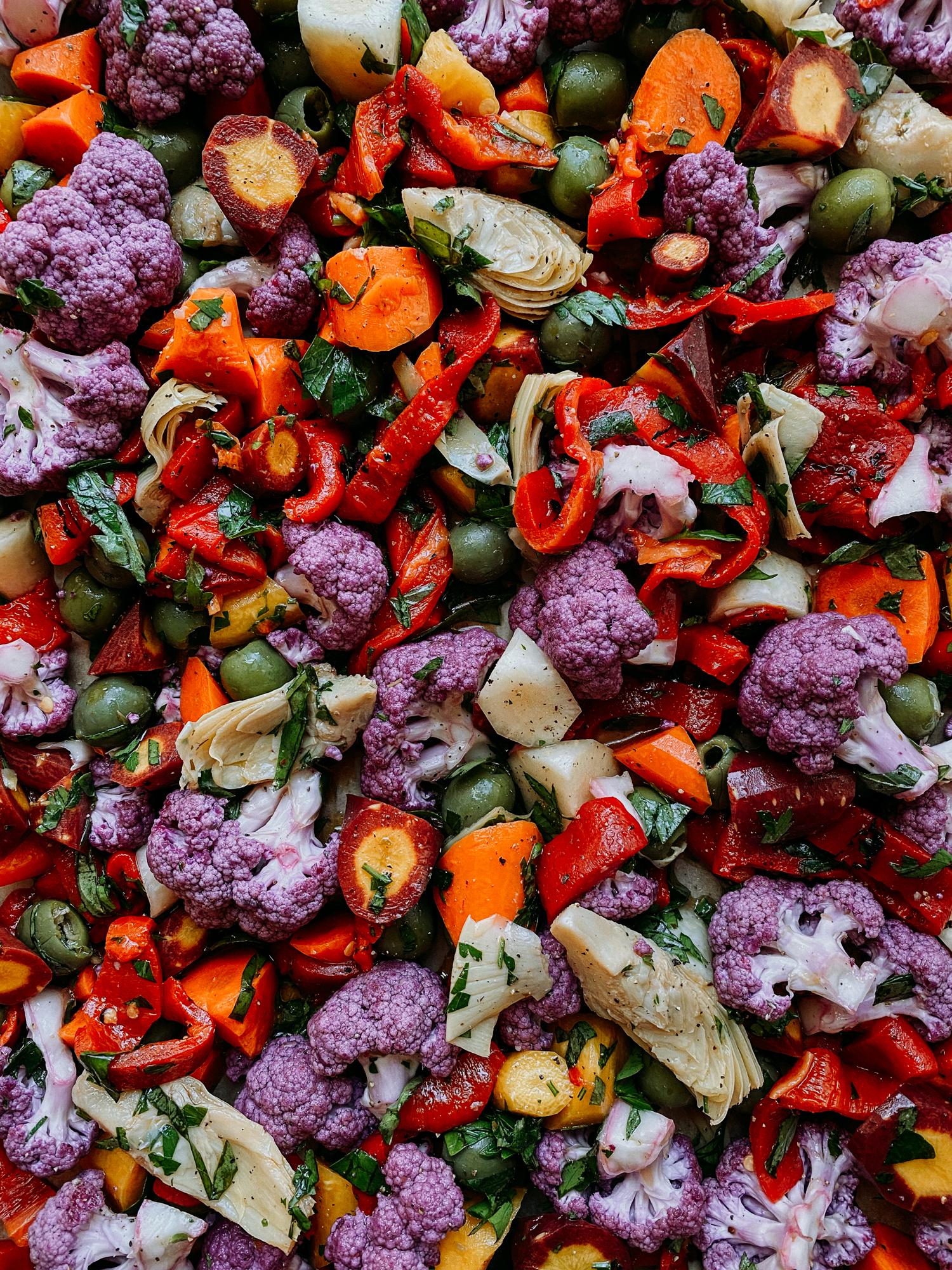 pan of colorful roasted vegetables, close-up