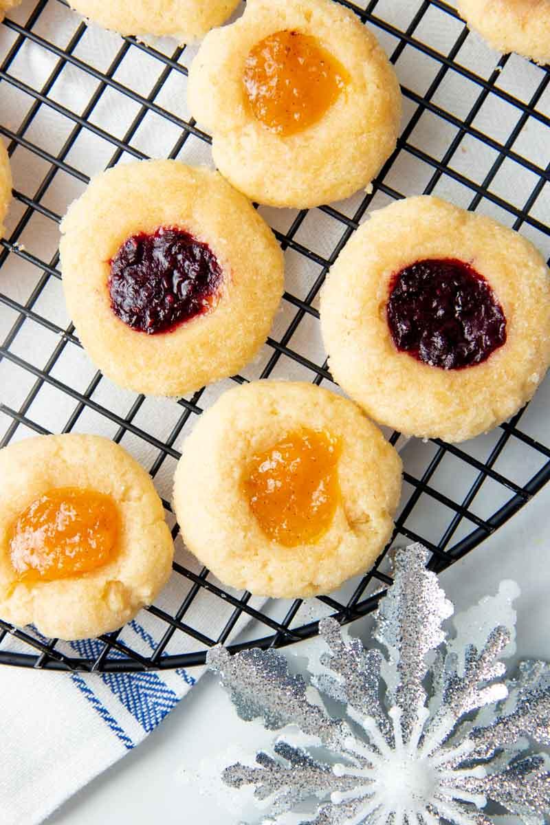 close-up shot of golden shortbread cookies cooling on a wire rack