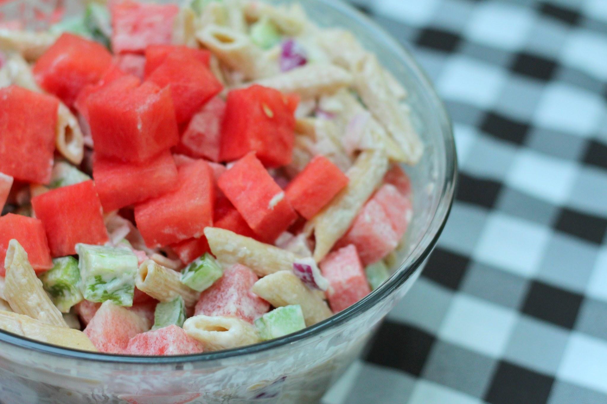 Hawaiian watermelon cucumber pasta salad