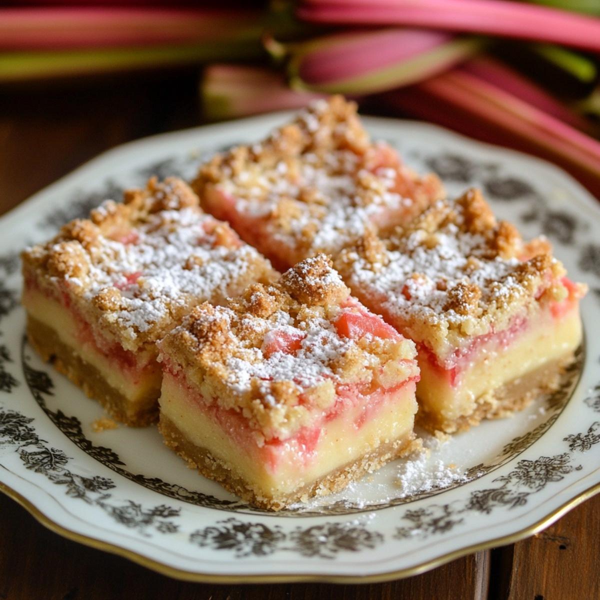 a slice of rhubarb custard slab bar on a plate