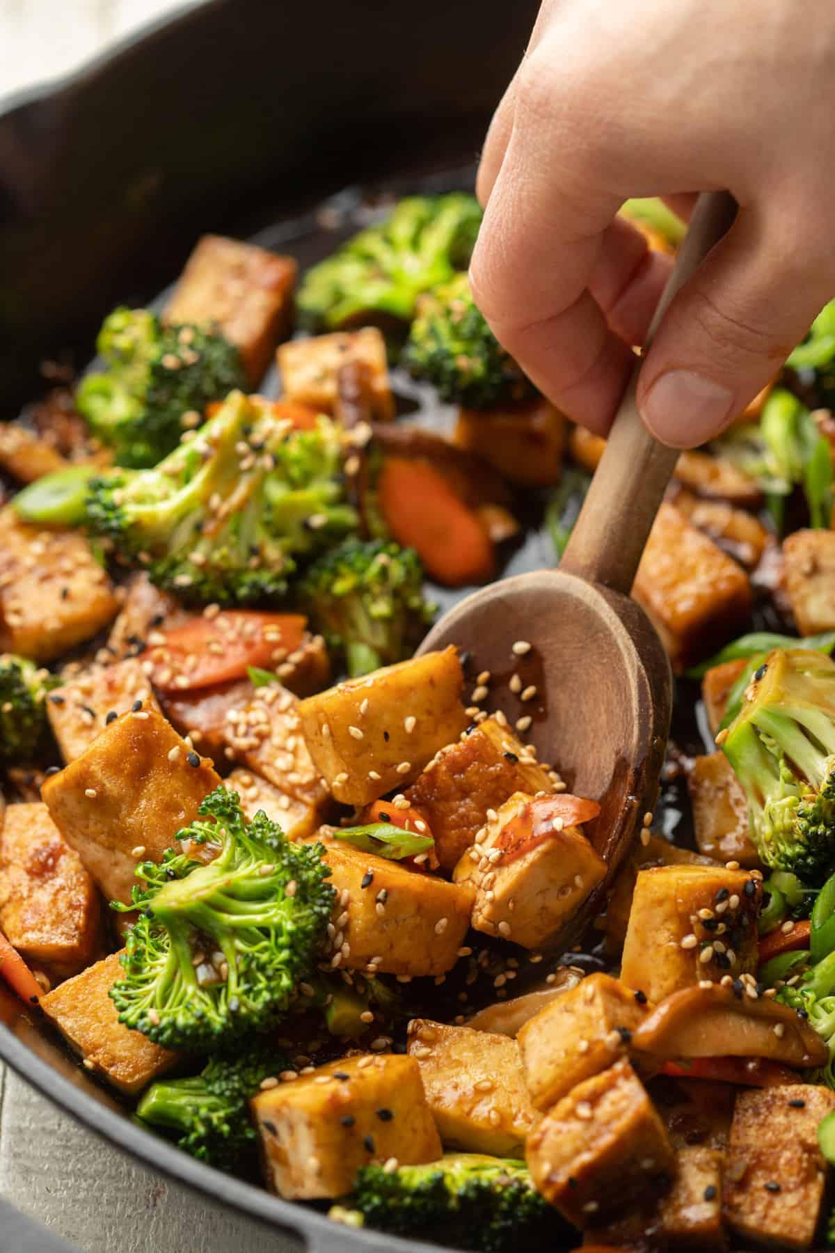 Close-up of Tofu being stir-fried