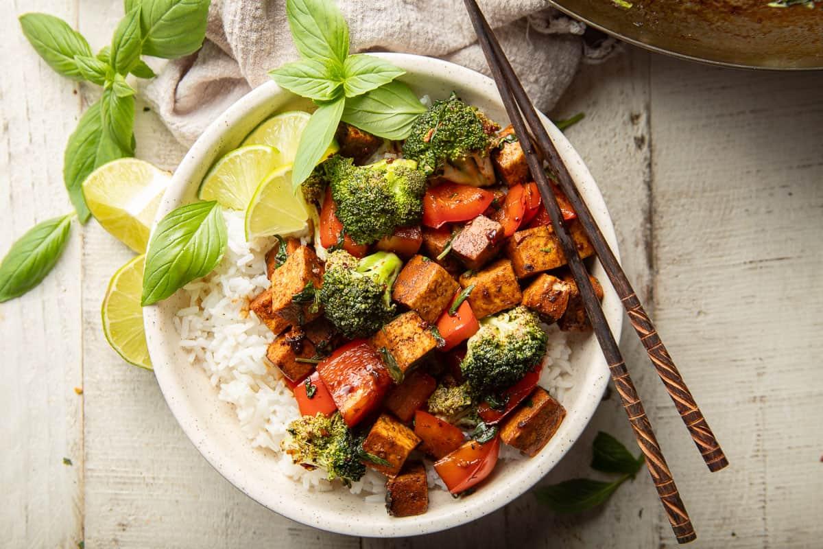 Finished Thai Basil Zoodle Stir-Fry with Tofu being served