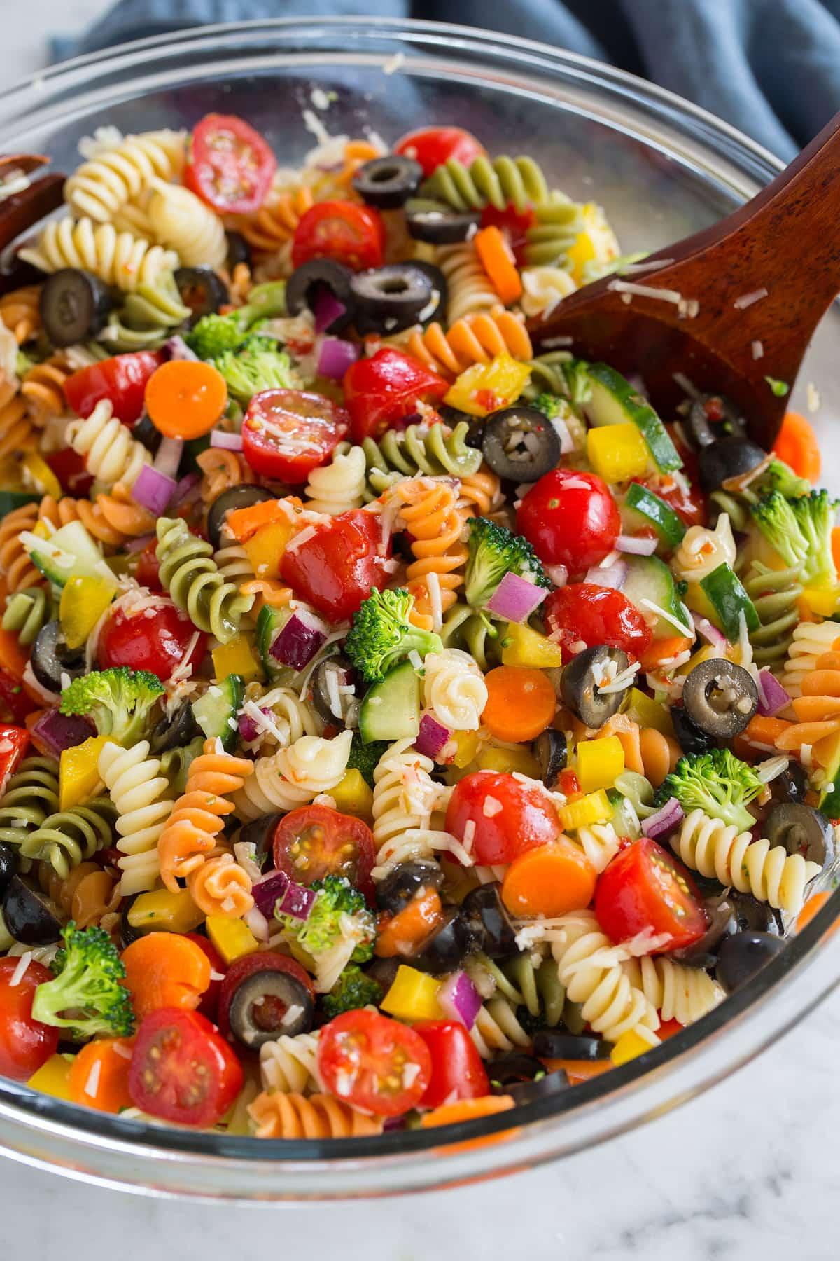 close-up of colorful pasta salad with fresh vegetables