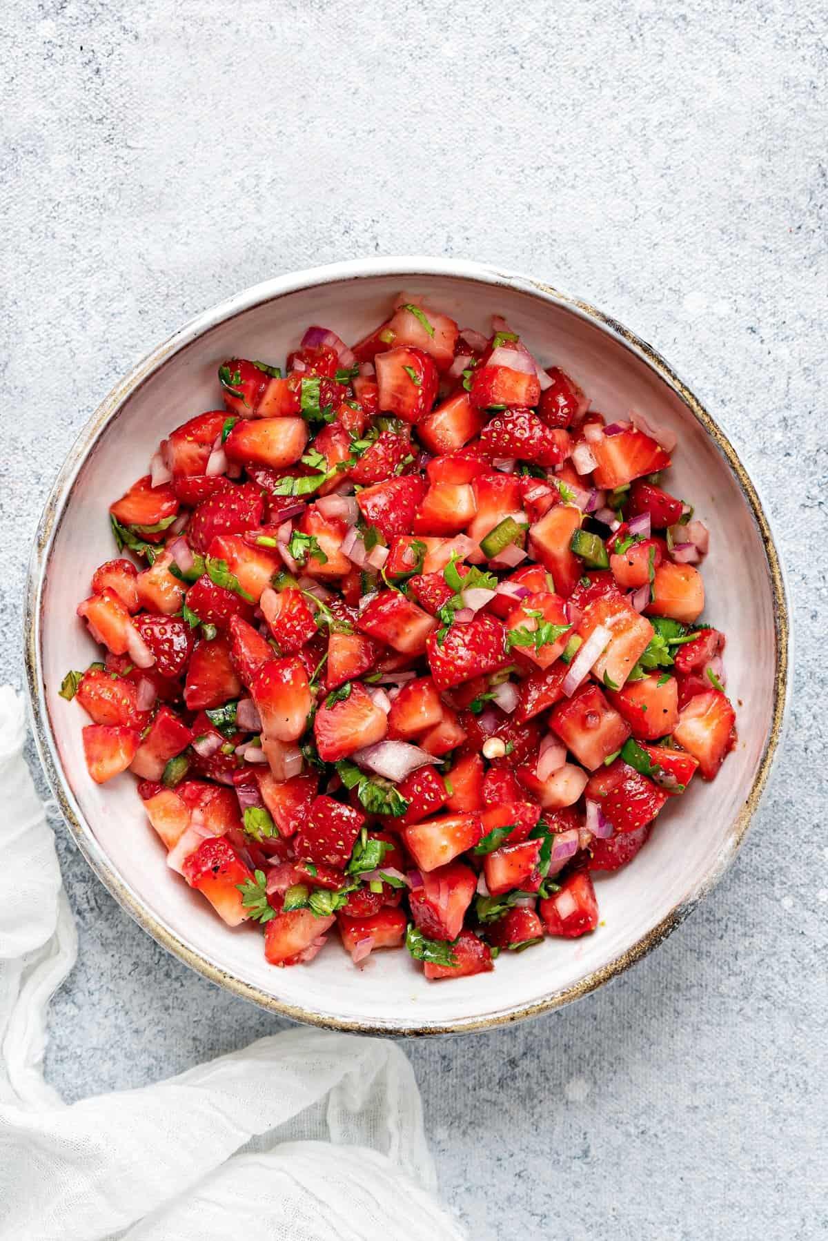 close-up shot of strawberry salsa in a bowl
