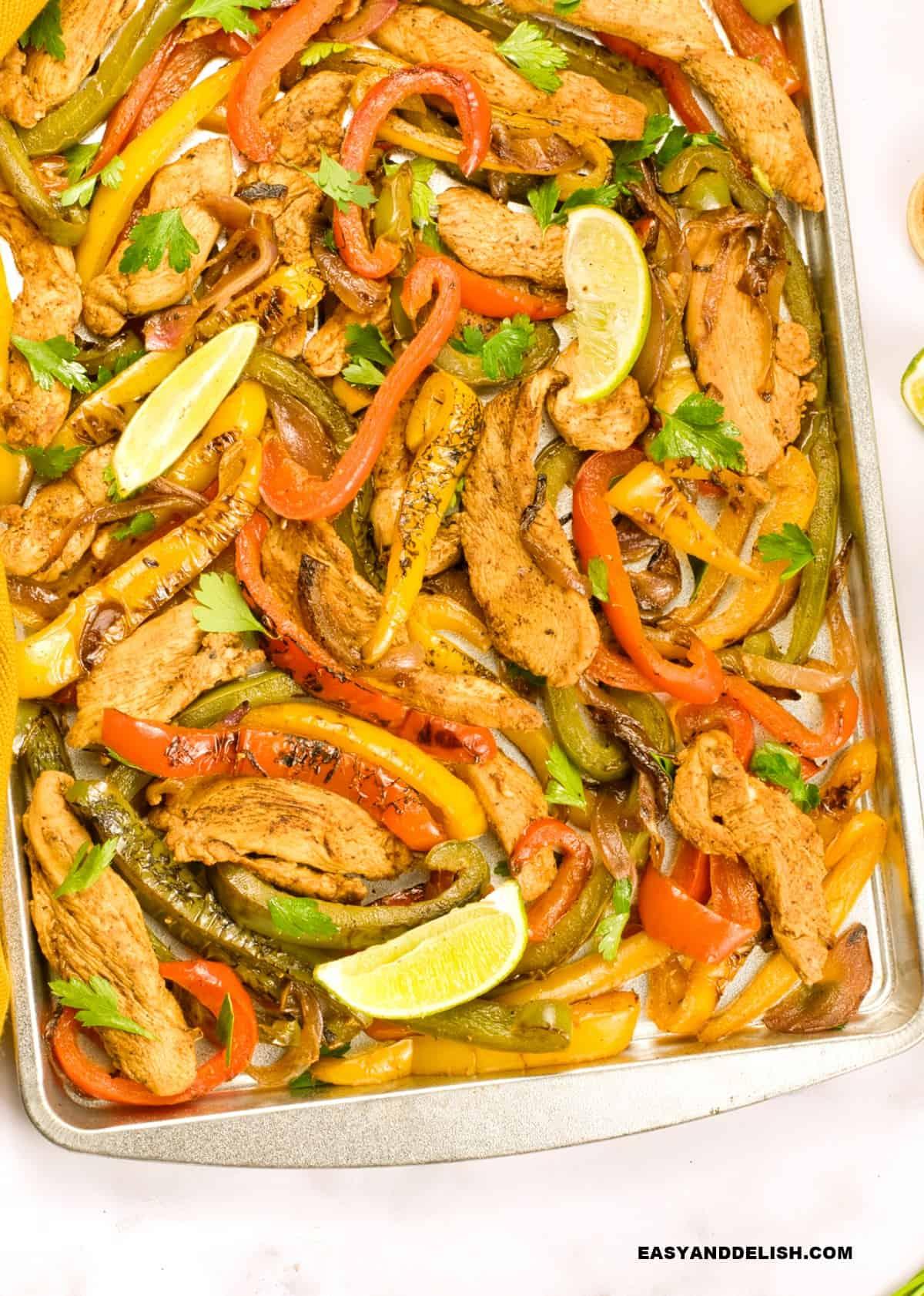 Close-up shot of keto chicken fajita ingredients: sliced chicken, bell peppers, and onions