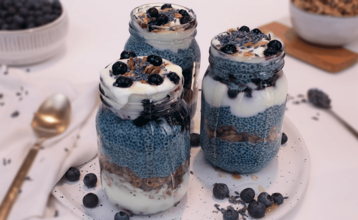 layered parfait with butterfly pea flower tea infusion