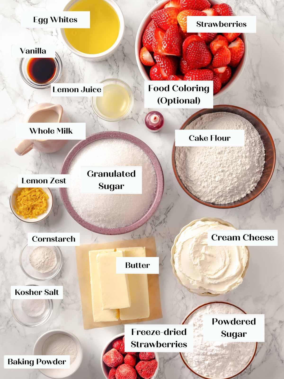 ingredients for strawberry cake juleps laid out on a table