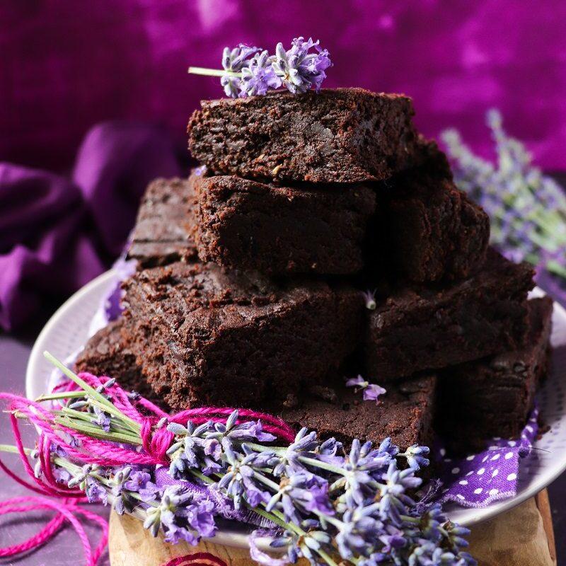 ingredients for lavender honey brownies arranged on a wooden countertop