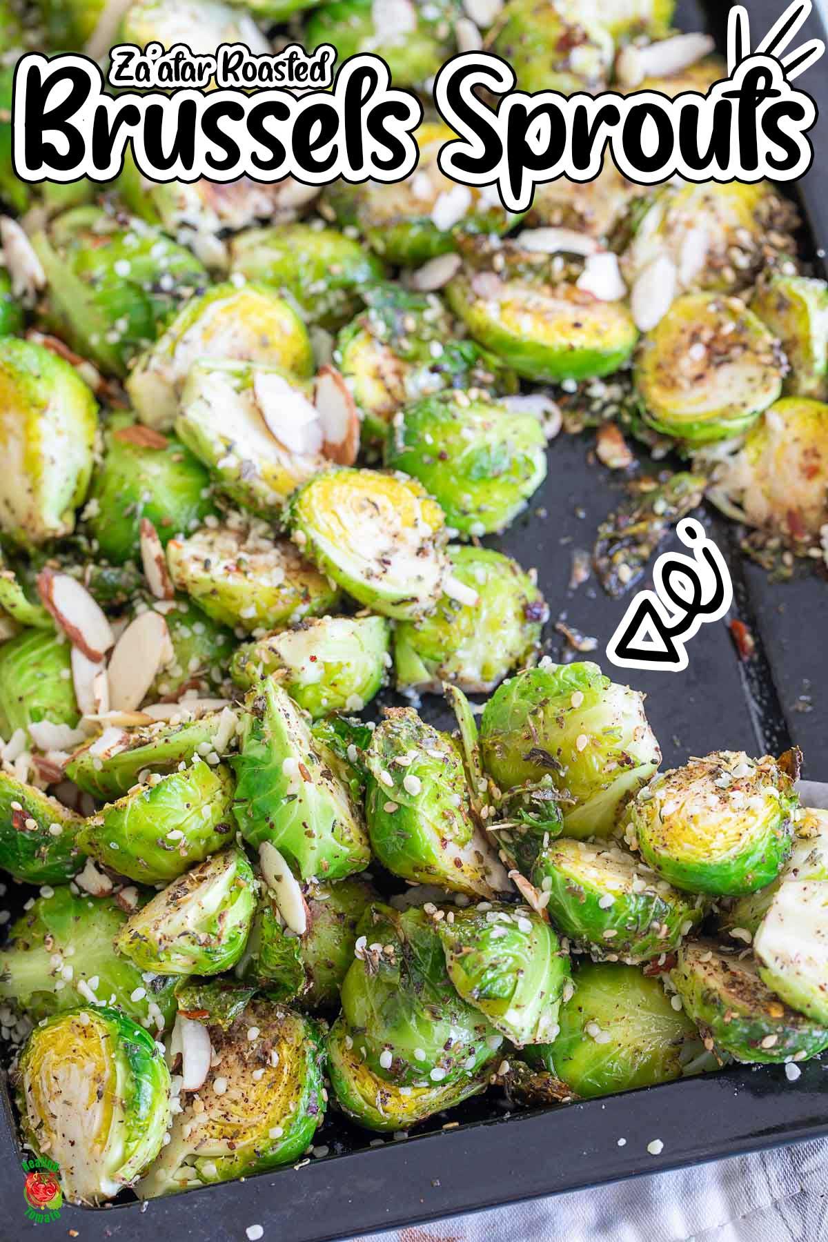 close up shot of roasted brussels sprouts with za'atar and olive oil