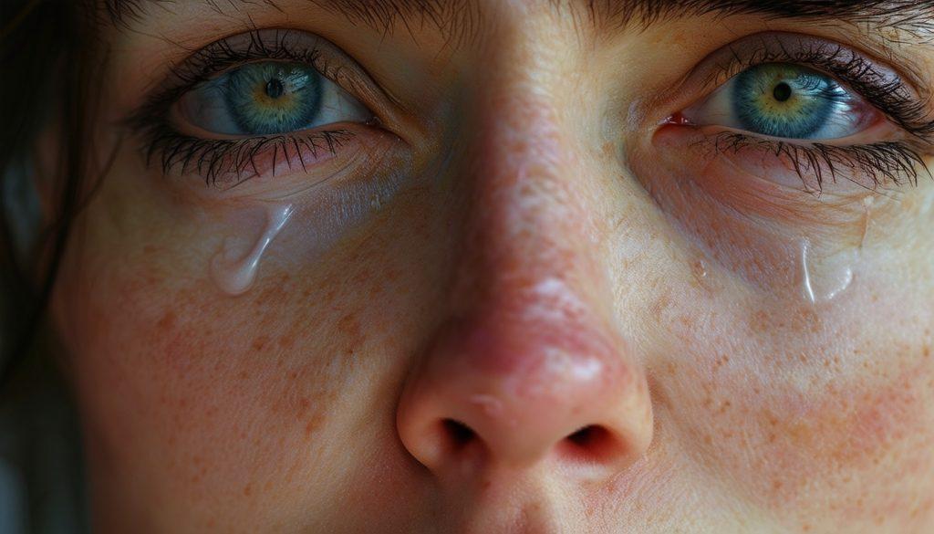 a person crying from eating spicy salsa but still enjoying it