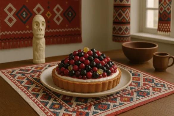 lingonberry and vanilla tart on a wooden table with berries scattered around