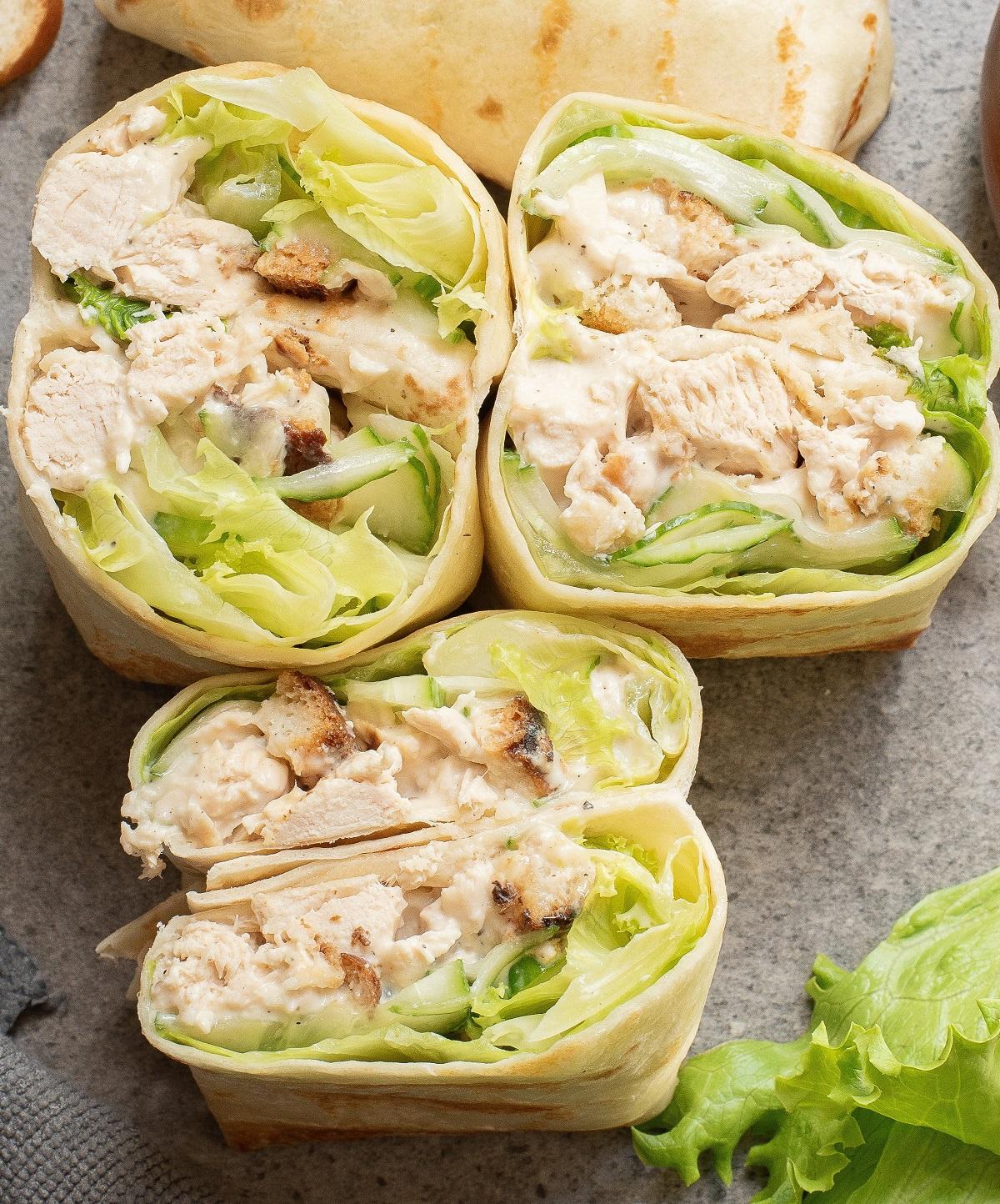 finished mini chicken caesar salad wraps arranged on a serving platter