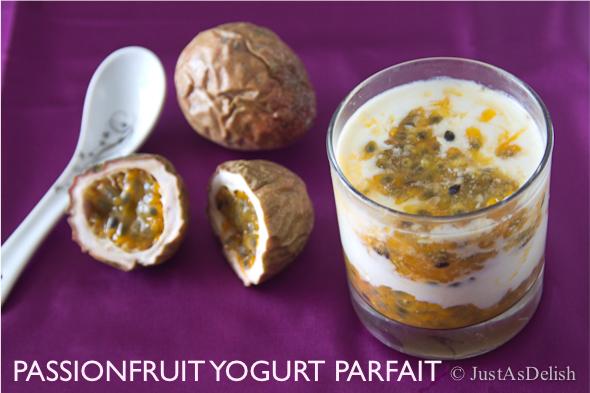 a completed passion fruit and vanilla yogurt parfait with layers clearly visible