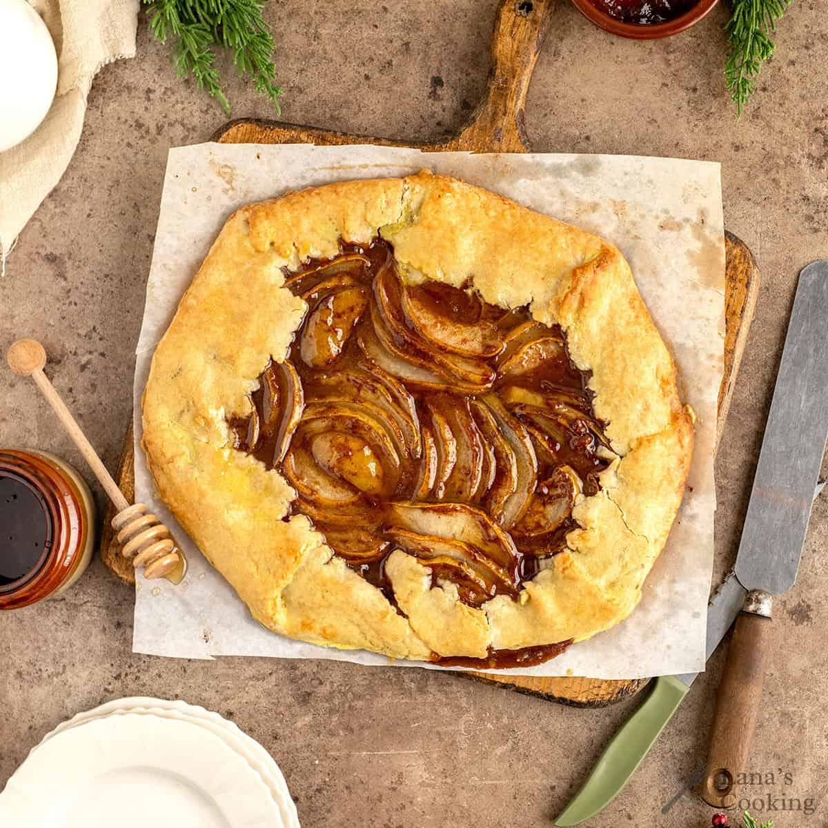 rustic Asian pear tart on a wooden table