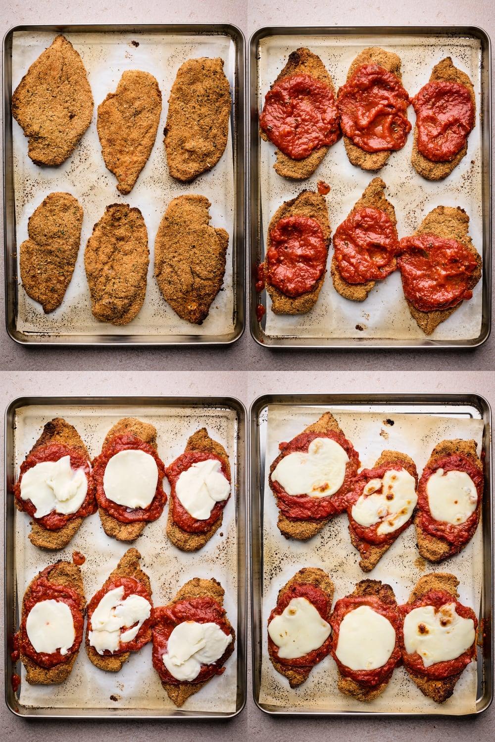 a person placing chicken parmesan on a sheet pan