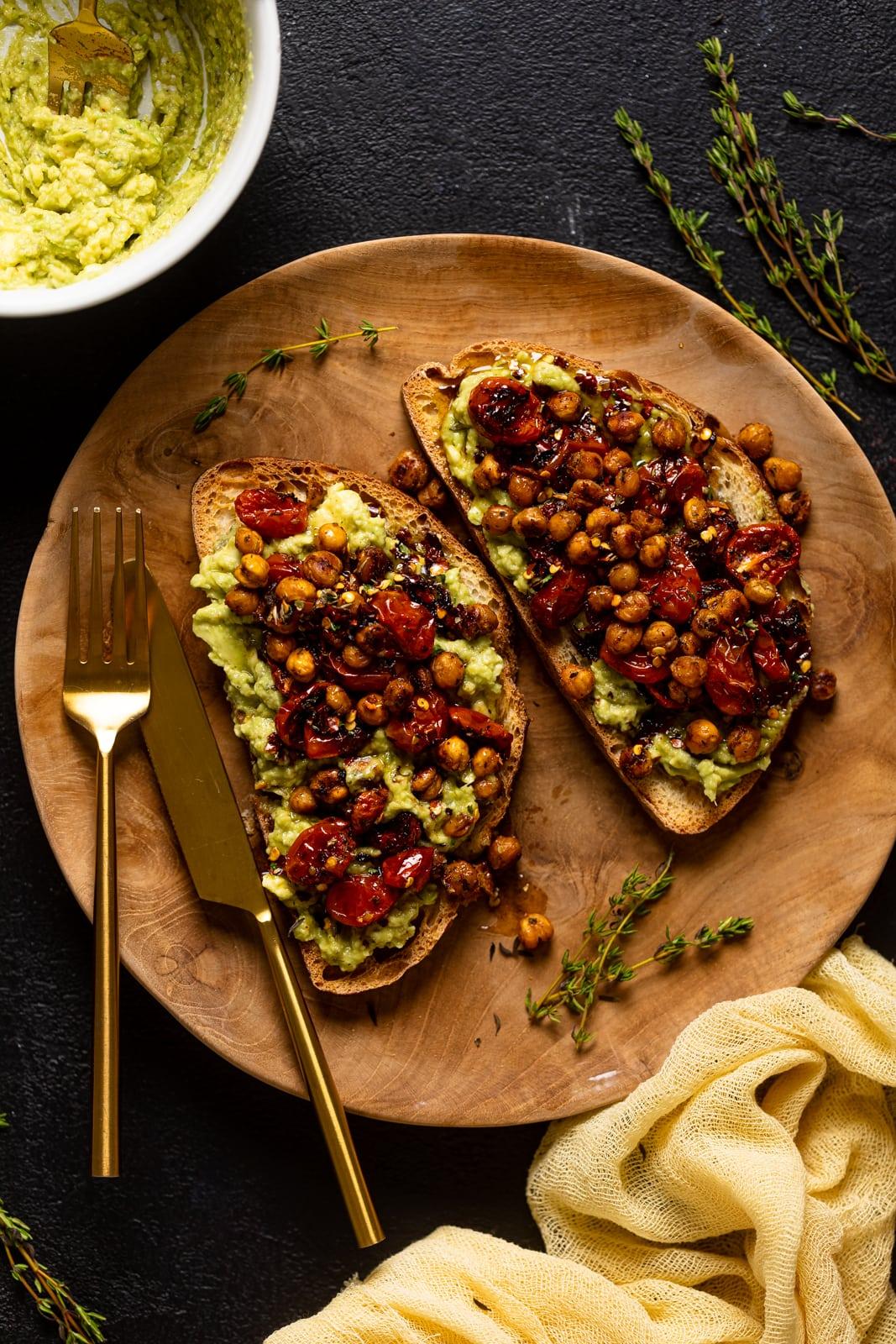 Overhead shot of Chicken Quinoa and Avocado Toast being prepared