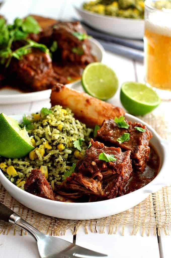 platter of adobo ribs with cilantro lime rice