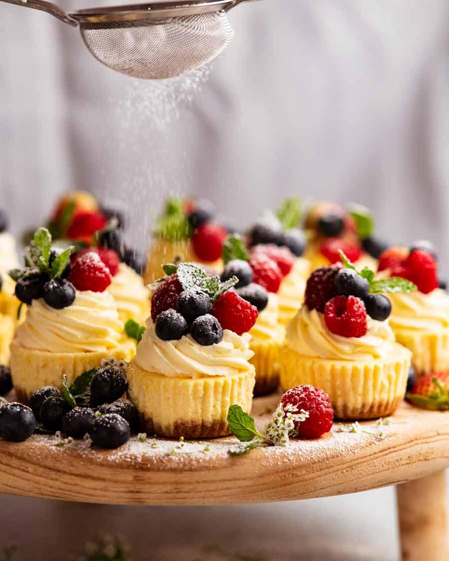 different setting with mini cheesecakes like a party, with coffee, or as a gift